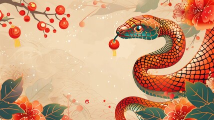 Obraz premium Vibrant Chinese New Year Snake with Cherry Blossom and Festive Decorations