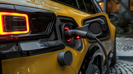 Close-Up of Yellow Electric Car Charging at Station with Modern Plug