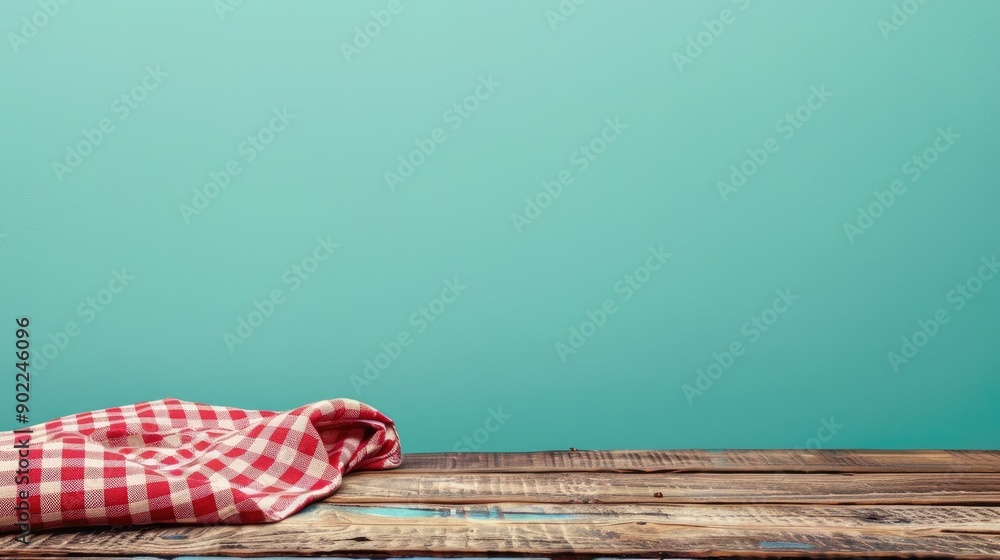 Sticker high quality photo of a wooden deck table with a red checked tablecloth on a mint wallpaper backgrou