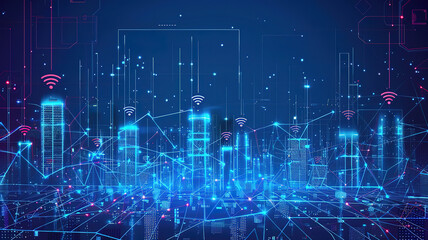 Obraz premium Eyecatching 5G wireless network and smart city concept night urban city with things and services