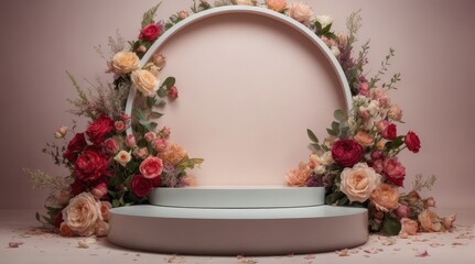 Elegant floral pedestal with roses and greenery, perfect for showcasing products or creating a romantic backdrop.