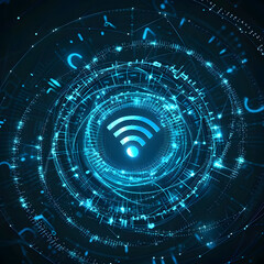 Obraz premium Abstract data background depicting wireless network connections with a prominent Wi-Fi symbol.