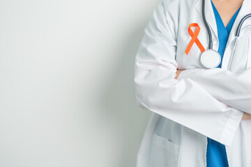 Doctor with Orange Ribbon for Leukemia, Kidney cancer day, world Multiple Sclerosis, CRPS, Self...