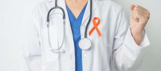 Doctor with Orange Ribbon for Leukemia, Kidney cancer day, world Multiple Sclerosis, CRPS, Self...