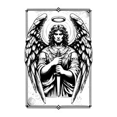Fototapeta premium Guardian prayer angel design in retro vector style with ceremonial knife and angelic wing details