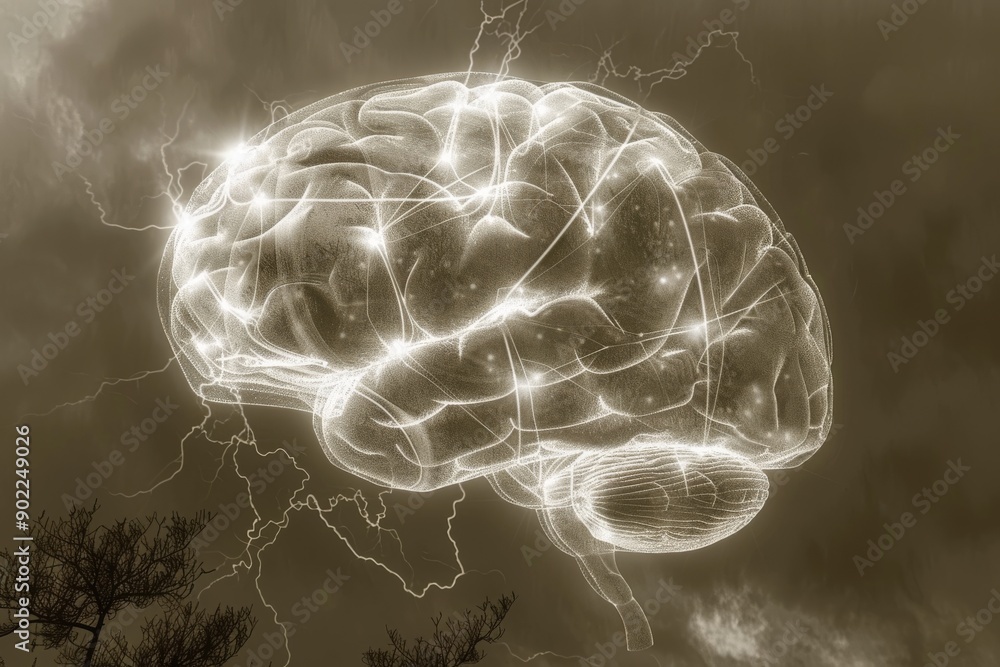 Poster black and white artistic rendering of a brain with neural connections in a surreal style