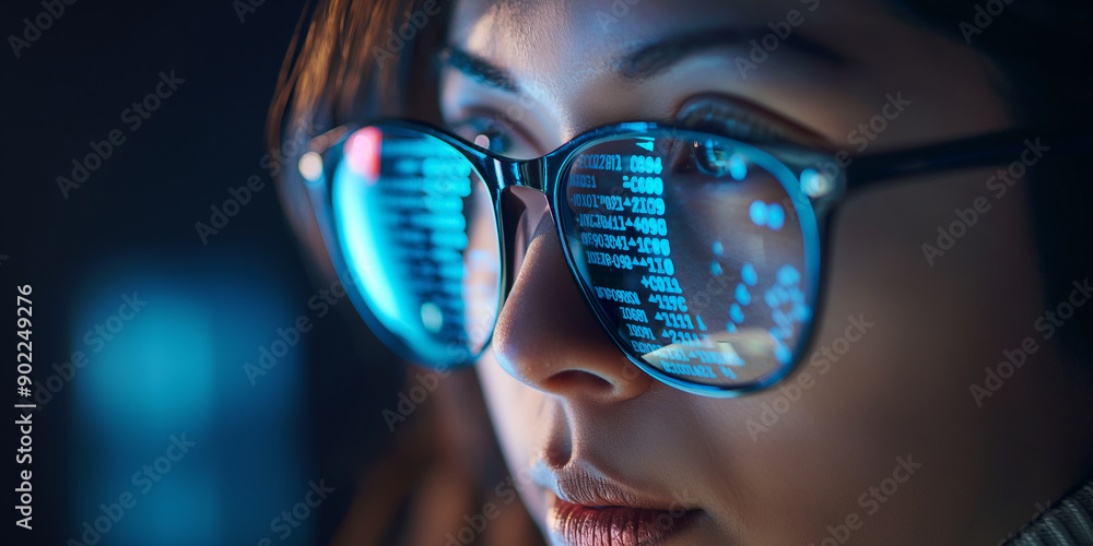Poster Software developer working late analyzing code reflecting in glasses