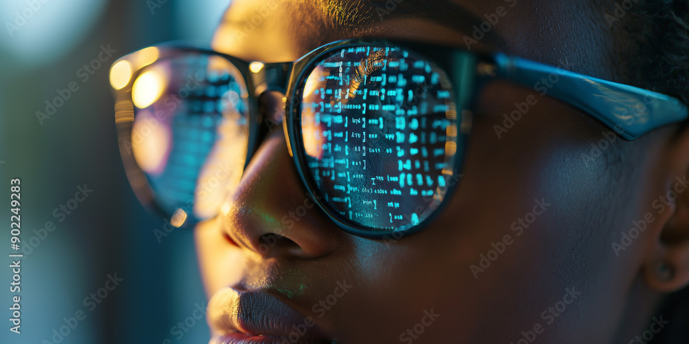 Poster Close up of female programmer working late reflecting code in glasses