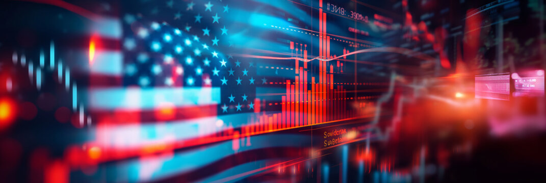 American flag overlapping financial charts showing stock market data