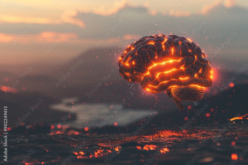 Poster surreal landscape with a floating brain and glowing neural pathways