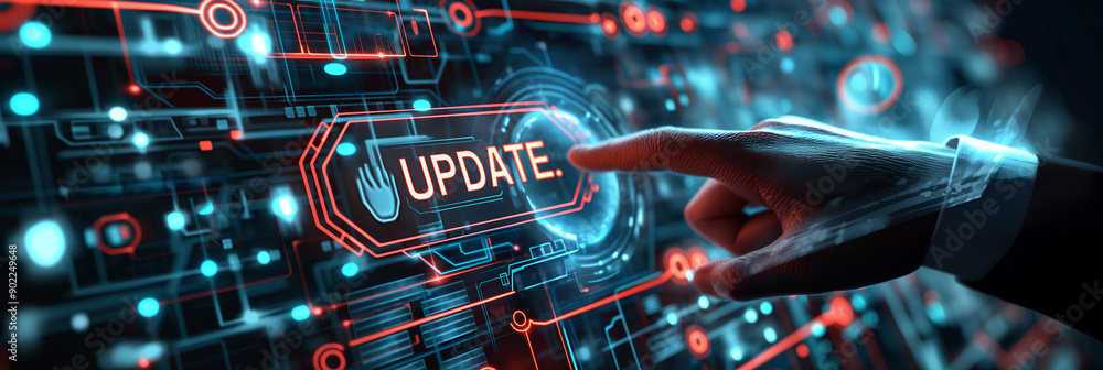 Poster Businessman updating software using virtual augmented reality holographic interface