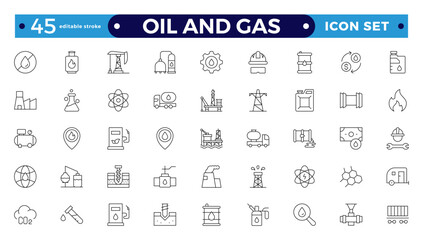 Oil and gas thin line web icon set. Outline icons collection. Oil and Gas icon set. Containing fuel, refinery, petroleum, oil well, gas pump, offshore platform, lubricant, oil barrel, and more
