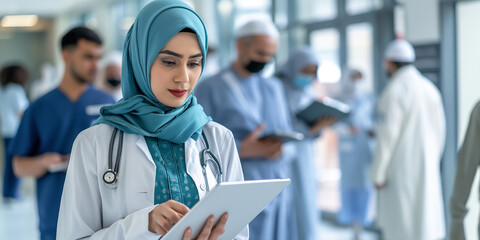 Female muslim doctor using digital tablet is standing in hospital corridor