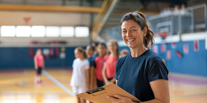 Female coach smiling while holding clipboard with her team in the background