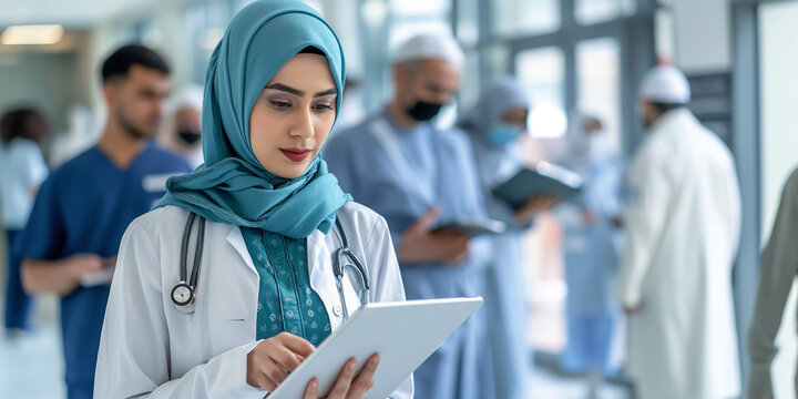 Female muslim doctor using digital tablet is standing in hospital corridor - Powered by Adobe