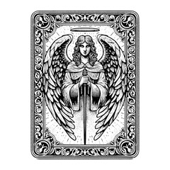 Guardian prayer angel illustration in vintage vector style with sword, wings, and ornamental border