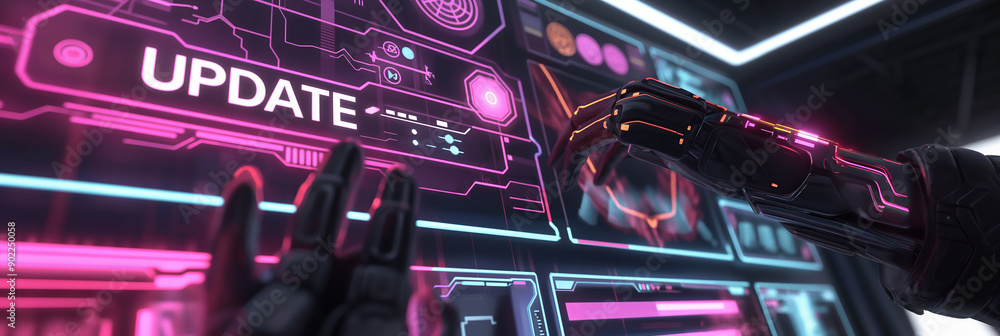 Poster Robot hands pressing update button on futuristic control panel