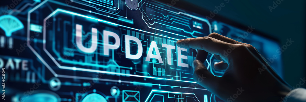 Poster Businessman updating software using virtual holographic interface