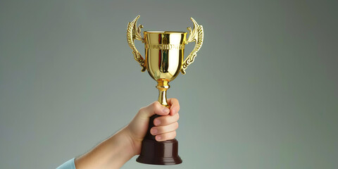 Businessman is holding a trophy after winning a competition