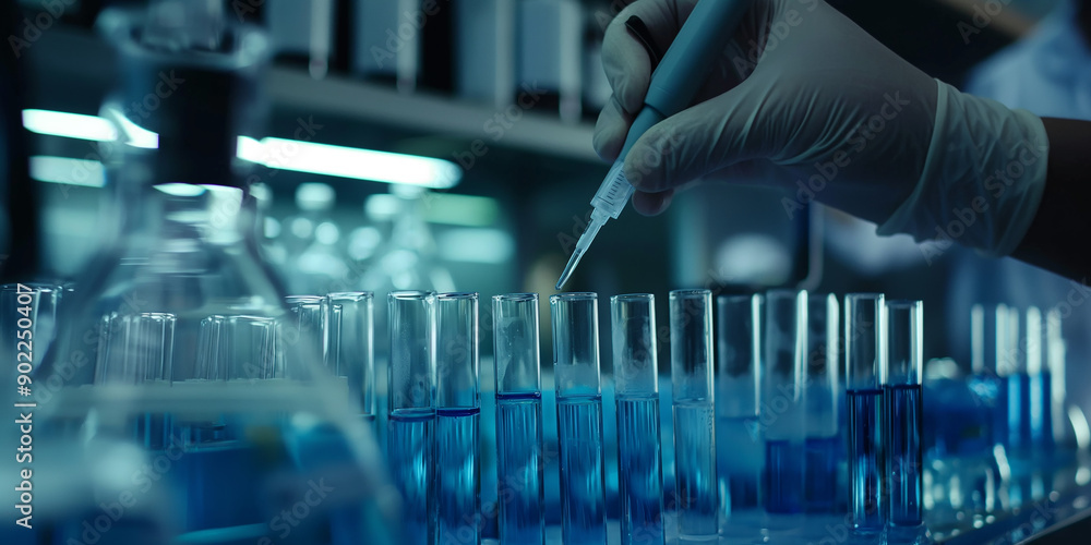 Aufkleber scientist using micropipette dropping blue liquid in test tube row in laboratory