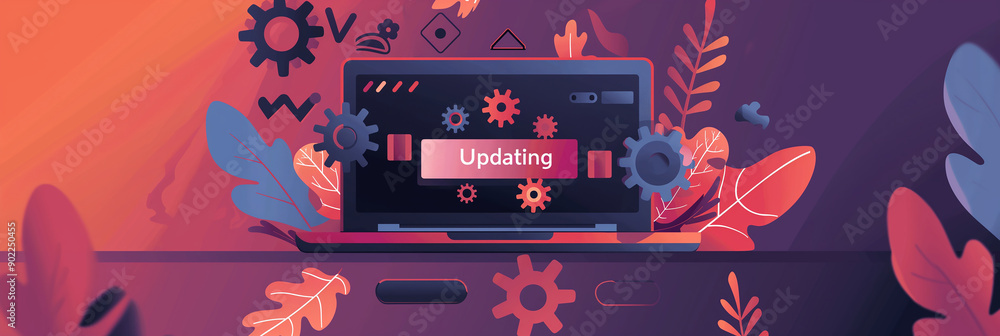 Poster Laptop updating software with progress bar and gears working