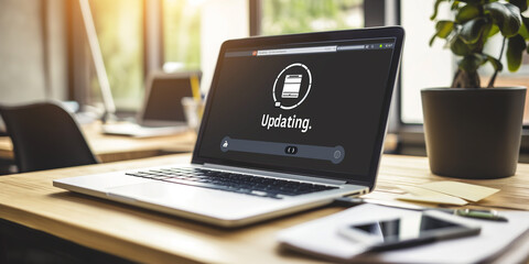 Modern laptop updating software on wooden desk in bright office