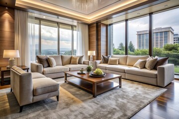 Fototapeta premium Elegant living room interior featuring sleek low-profile sofas, sleek coffee table, and plush cream-colored carpet, set against a backdrop of floor-to-ceiling windows.