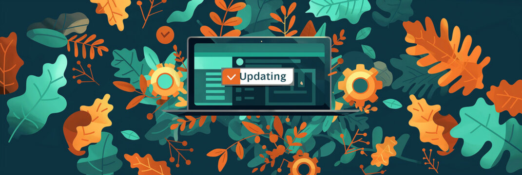Laptop updating software surrounded by autumn leaves and gears