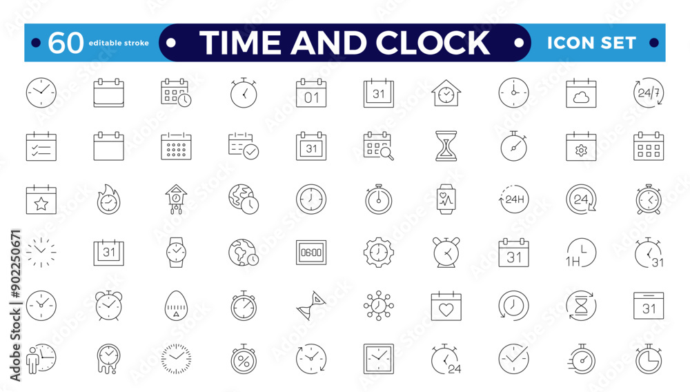 Wall mural time icon set. timer, alarm, schedule, hourglass, clock icons. outline time and clock icon collectio