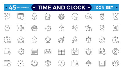 Time icon set. Timer, alarm, schedule, hourglass, clock icons. Outline time and clock icon collection.
