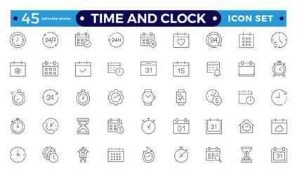 Time icon set. Timer, alarm, schedule, hourglass, clock icons. Outline time and clock icon collection.
