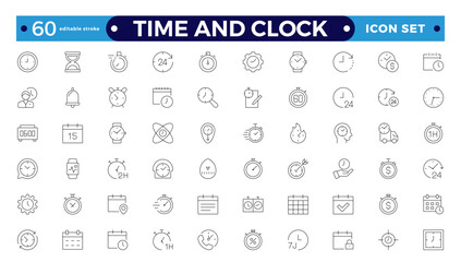 Time icon set. Timer, alarm, schedule, hourglass, clock icons. Outline time and clock icon collection.
