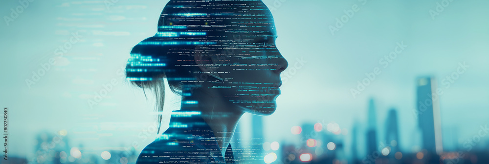 Aufkleber businesswoman thinking about artificial intelligence code programming concept