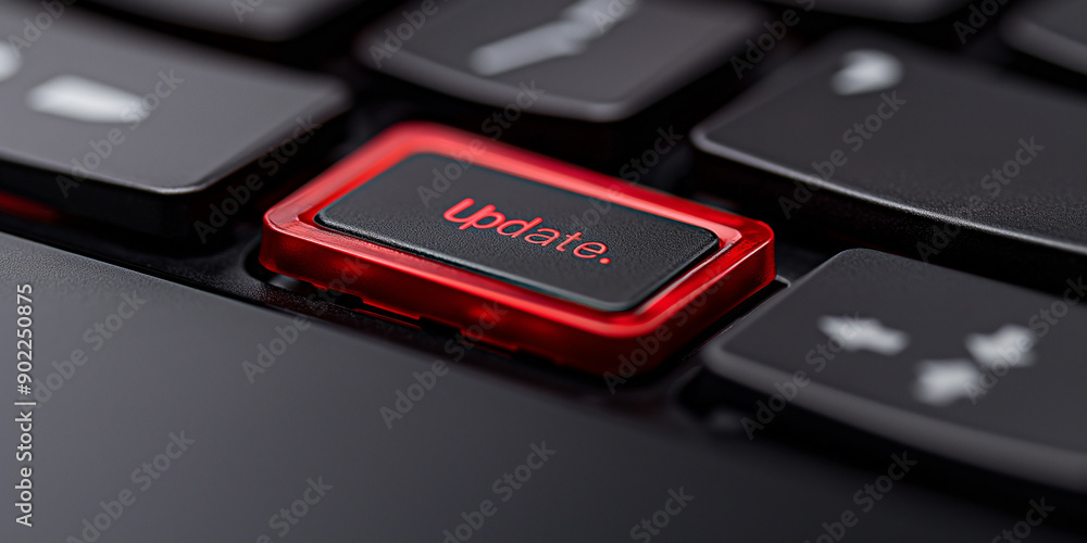 Poster red update key on a black keyboard is about to be pressed