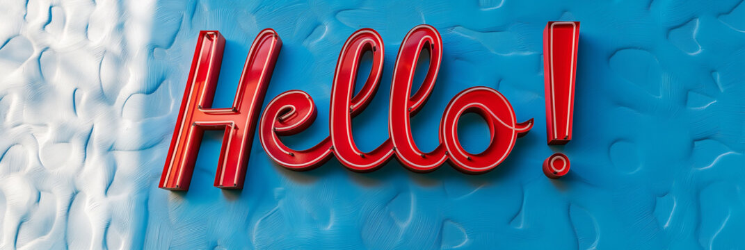 Red neon sign saying hello on blue textured wall