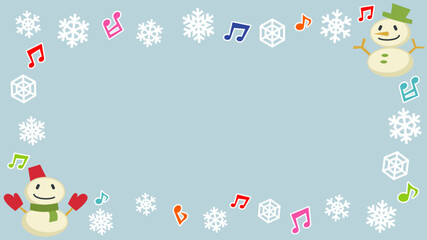 冬のフレーム(雪だるまと雪の結晶と音符)