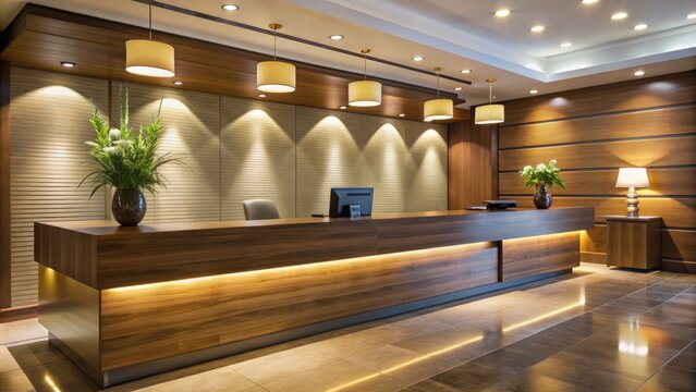 Friendly hotel front desk with modern decor, warm lighting, and a clean surface, conveying a sense of welcome and hospitality, awaiting guest arrival.
