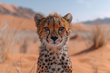 Obraz premium Cheetah in Red Dunes of Sossusvargen – Front View, Standing on Hind Legs, Wide Angle Lens, Mountains and Blue Sky Background, Raw Style
