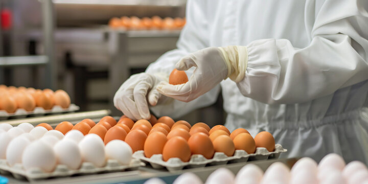 Food factory worker sorting and packing fresh eggs