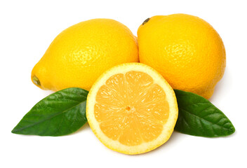 Collection lemon whole and slice with leaves isolated on white background