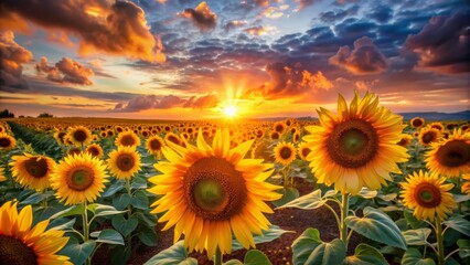 Fototapeta premium Warm golden sunflowers stand tall amidst a vibrant orange and pink sunset sky, their bright yellow petals shining like rays of sunlight.