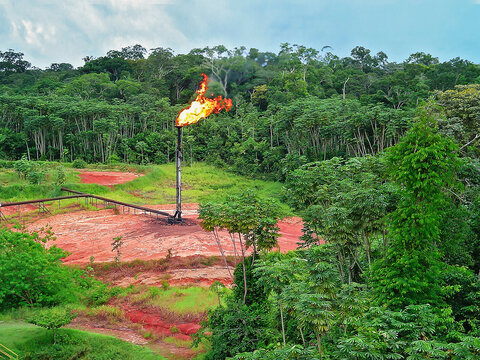 Unused natural gas flare for production and transportation by pipeline, in the middle of the Amazon rainforest, on the banks of the Uruc&uacute; River. Coari, Amazonas, Brazil, 2020