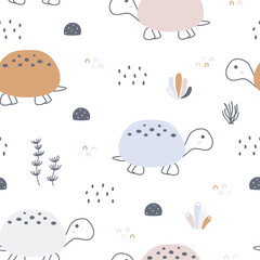 Seamless pattern with cute turtle. Cartoon animal background. For fabric, textile, wallpaper, wrapping, kids apparel design. Vector illustration