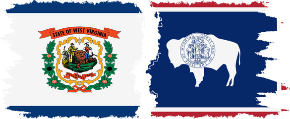 Wyoming and West Virginia states grunge brush flags connection, vector
