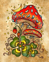 Vintage illustration with mystic mushrooms, magic and floral decorative elements, witchcraft symbols against textured background. Esoteric and witchy concept, hand drawn colorful poster or card