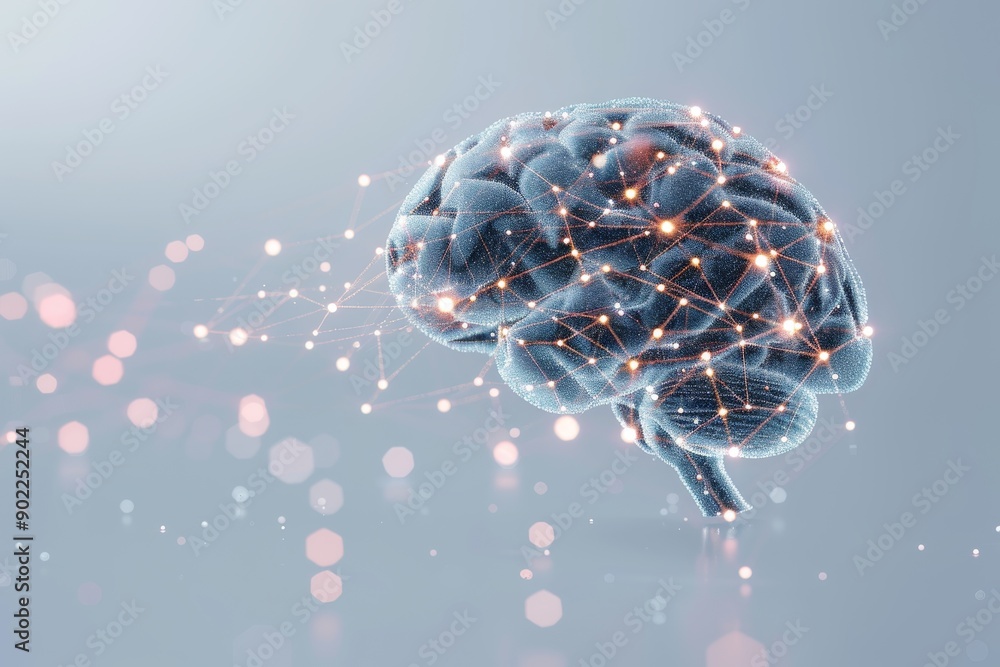 Poster luminous brain model on display with intricate neural pathways and glowing synapses