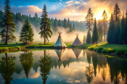 Tranquil wilderness landscape featuring a traditional Native American tipi village surrounded by lush greenery, majestic pine trees, and a serene misty lake at dawn.