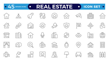 Real Estate minimal thin line web icon set. Included the icons as realty, property, mortgage, home loan, and more. Outline icons collection. House, key, buy, sell, loan,  building, address, bedroom
