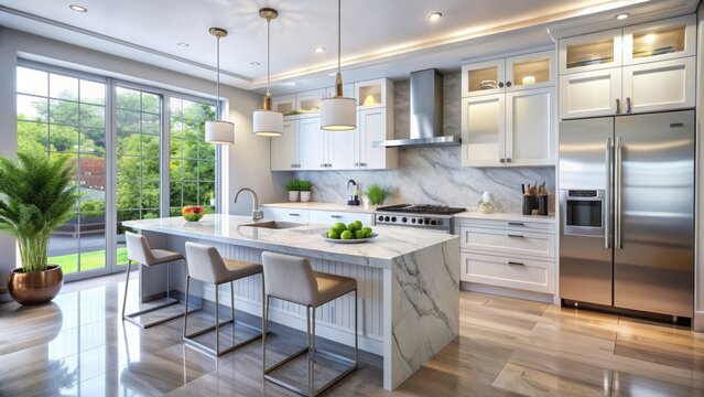 Bright and airy modern kitchen features sleek white cabinets, stunning marble countertops, and a large stainless steel refrigerator, perfect for cooking and entertaining.