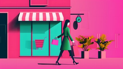 Seamless AI-Driven Retail Experience - Flat Design Illustration of Automated Shopping Process